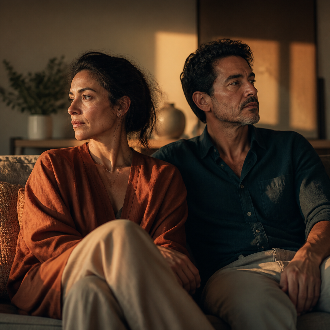 Pareja adulta sentada en el sofá mirando en direcciones opuestas, representando distanciamiento emocional