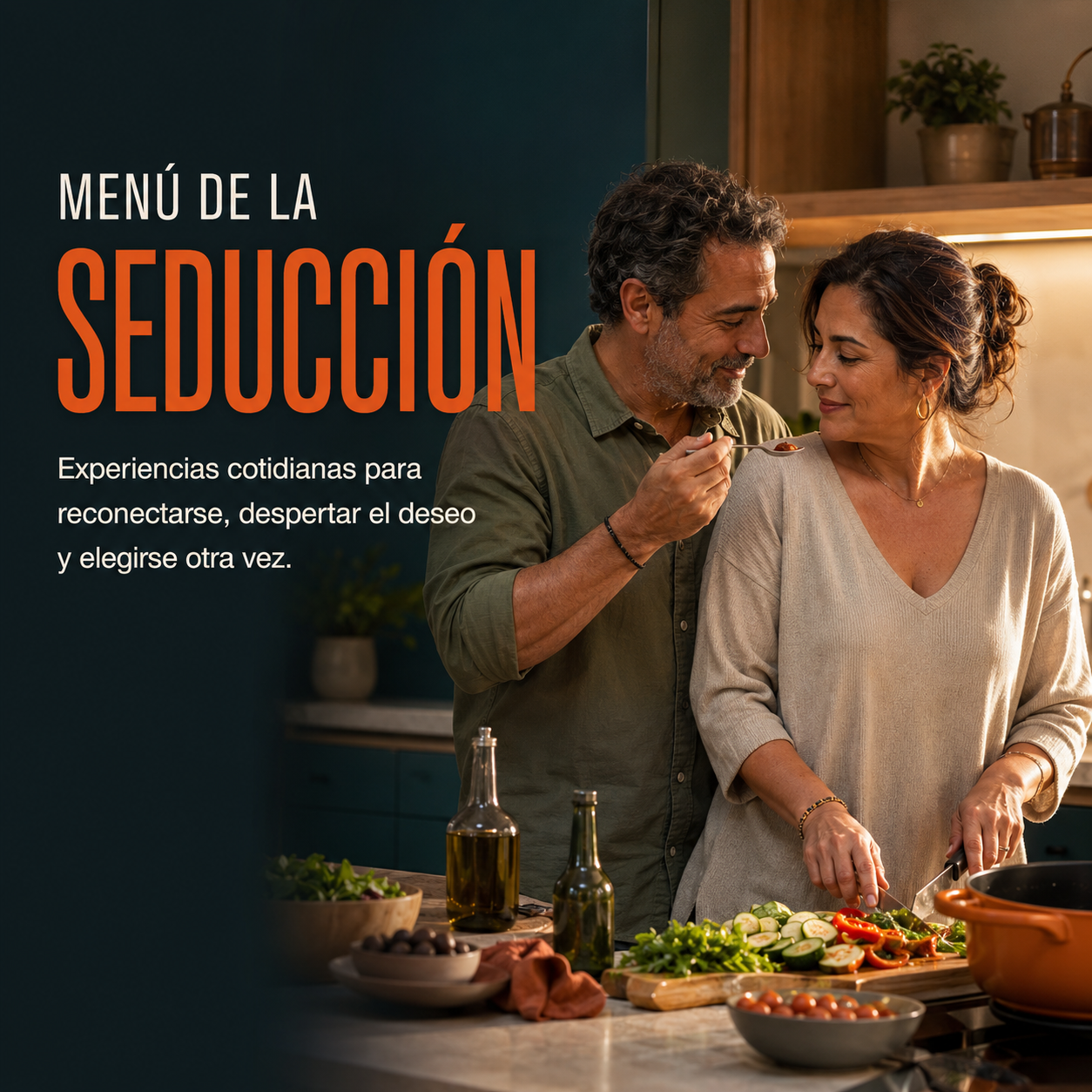 Menú de la Seducción - Pareja compartiendo un momento de complicidad en la cocina